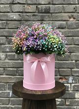 Цветочная композиция из Гипсофила и Розы в шляпной коробке в Запрудне