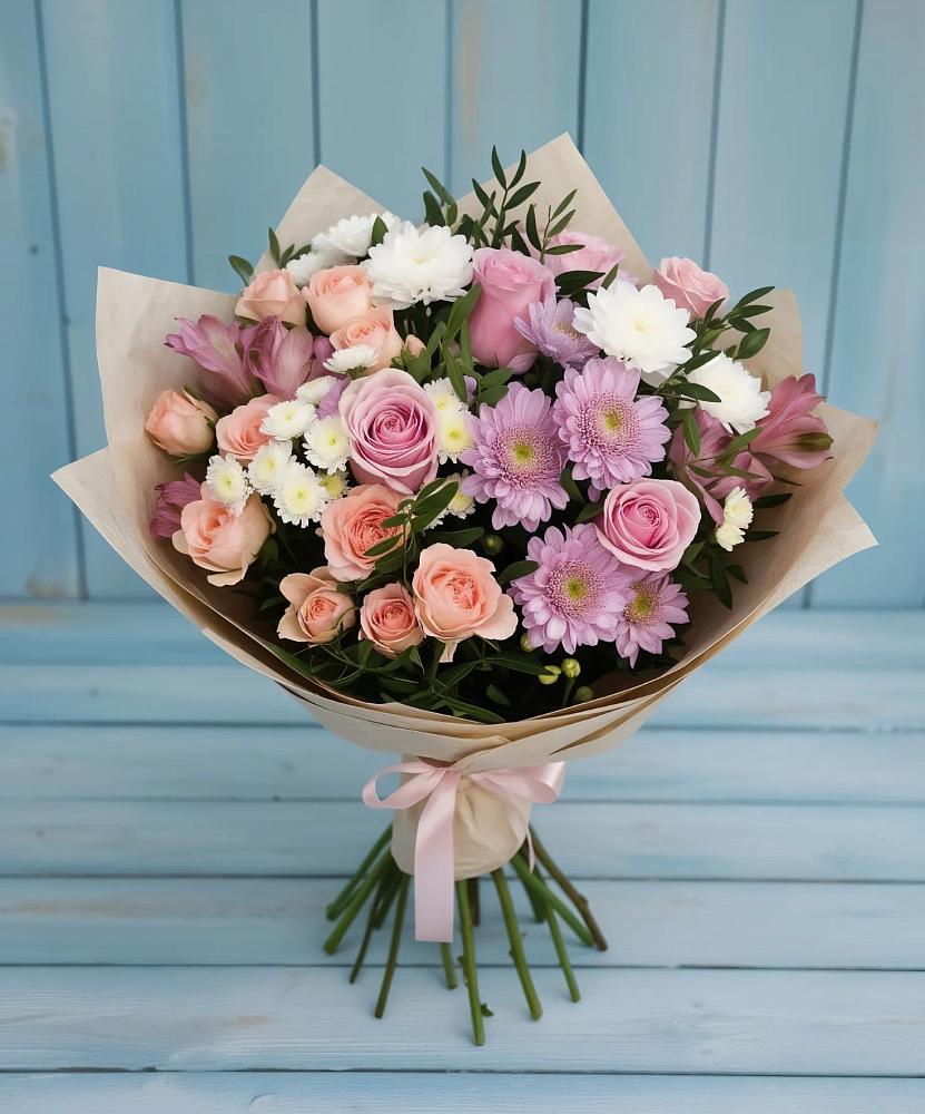 Букет цветов из: Хризантемы, Розы и Альстромерии в Запрудне