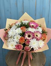 Букет цветов из:  Розы, Герберы и Хризантемы в Запрудне