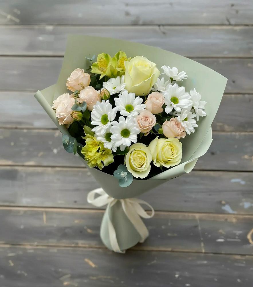 Букет цветов из: Альстромерии, Розы и Хризантемы в Запрудне