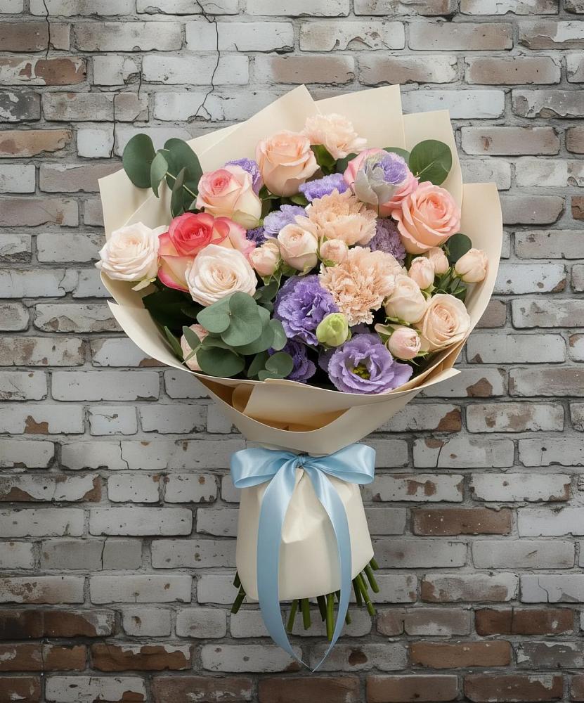 Букет цветов из: Розы, Лизиантусы и Гвоздики в Запрудне