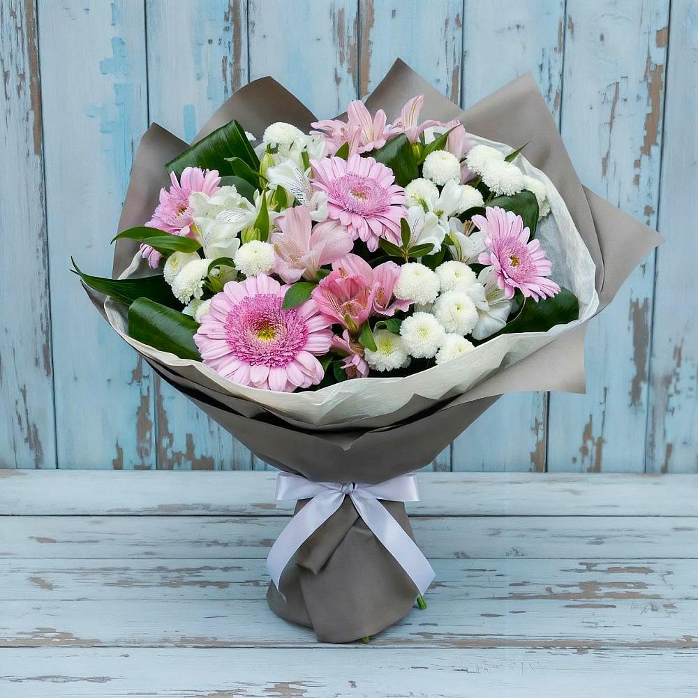 Букет цветов из: Герберы, Альстромерии и Хризантемы в Запрудне