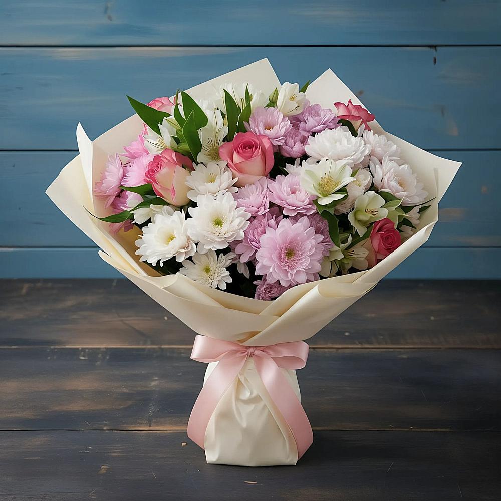 Букет цветов из: Хризантемы, Альстромерии и Розы в Запрудне